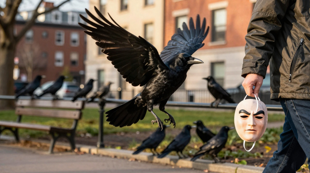 Corvo voando próximo a uma pessoa segurando uma máscara branca em parque urbano.