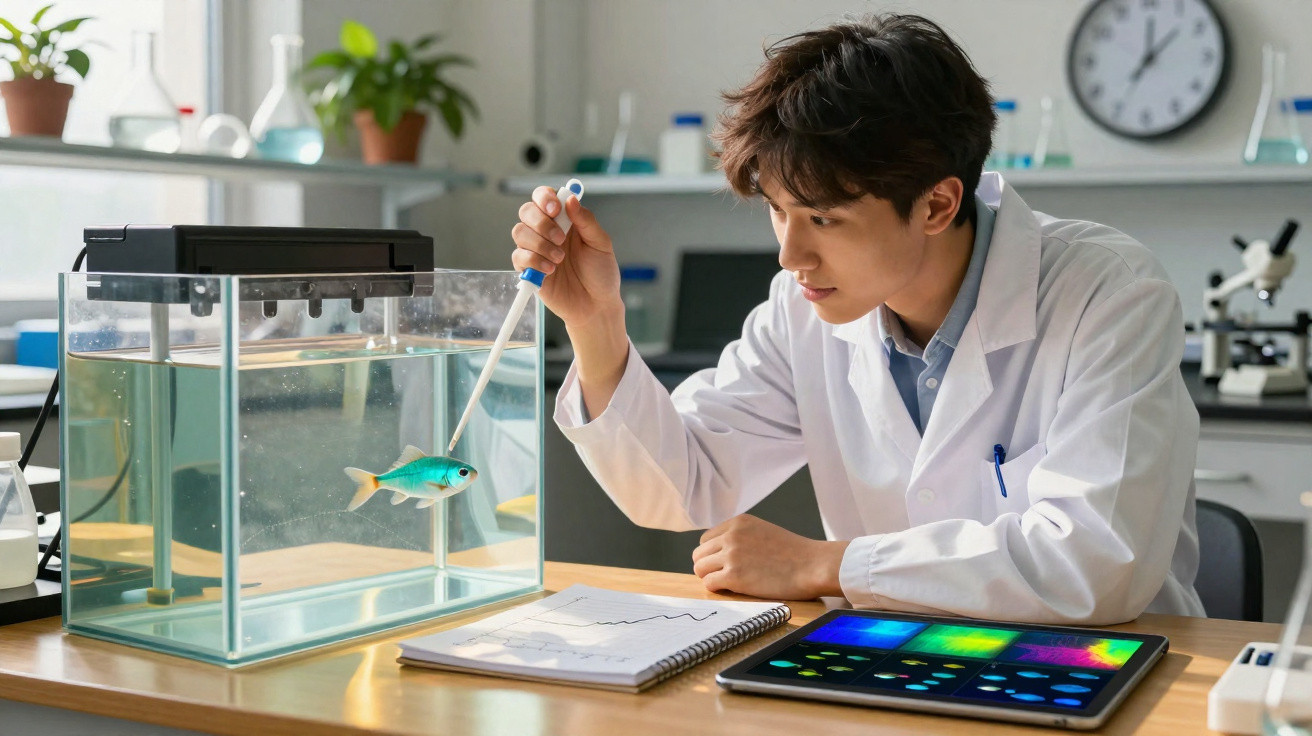Cientista com jaleco manipulando peixe em aquário com pipeta em laboratório moderno.