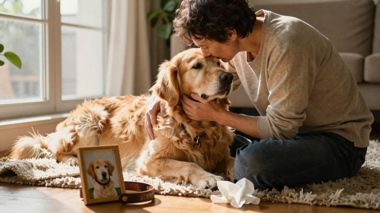 Homem abraça e beija cachorro dourado deitado no tapete, ao lado de quadro com foto do cão.