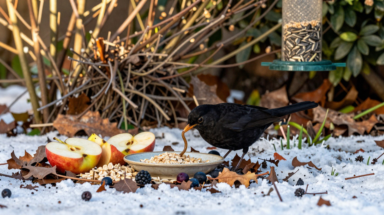 Pássaro preto comendo minhoca em prato na neve, cercado por folhas secas, frutas e sementes.