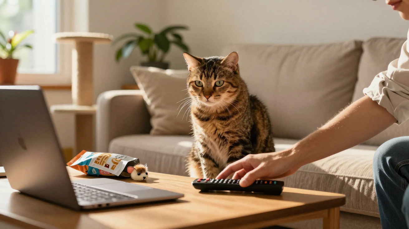 Gato sentado em mesa de madeira ao lado de notebook, brinquedo de rato e mão segurando controle remoto.