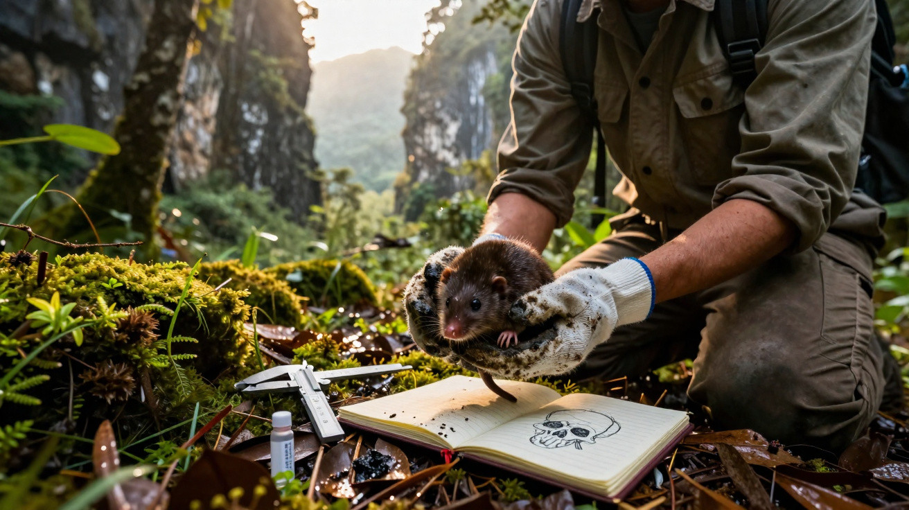 Pesquisador de joelhos segura pequeno animal preto com luvas em floresta, ao lado de caderno aberto com desenho de caveira.