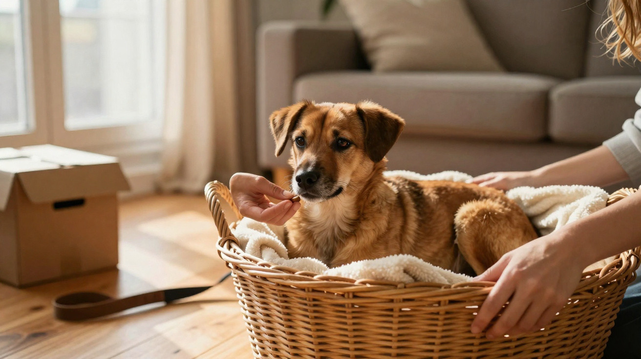 Cachorro marrom deitado em cesta de vime com cobertor, sendo alimentado por pessoa no ambiente interno.