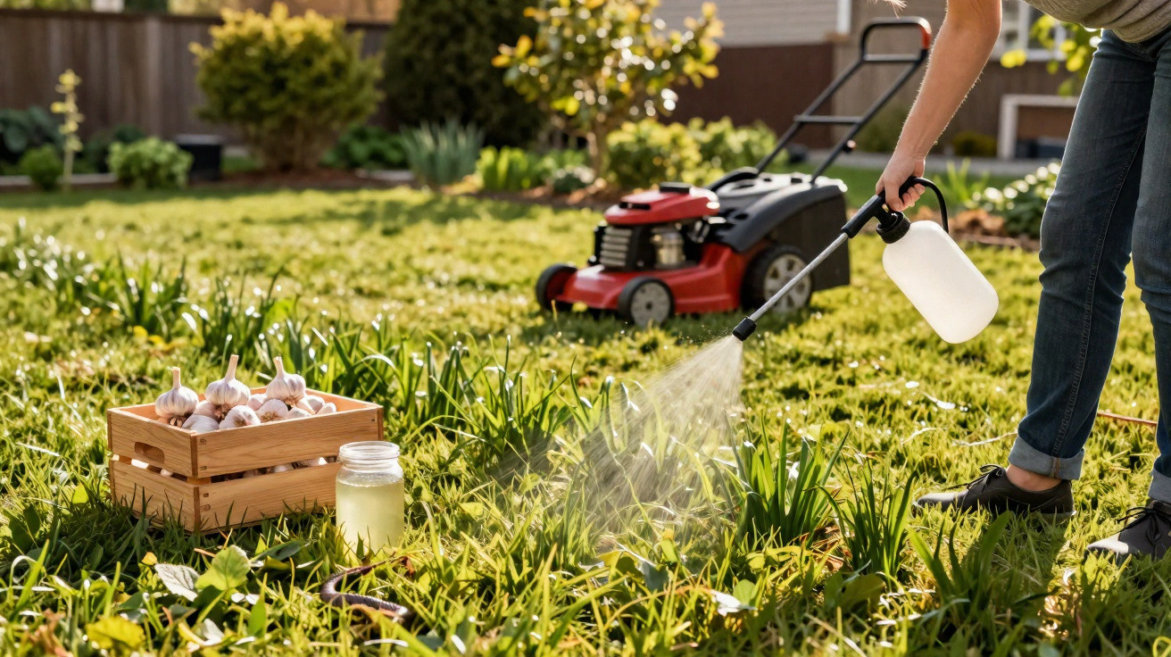 Pessoa pulverizando plantas em jardim com caixa de alho e cortador de grama ao fundo.