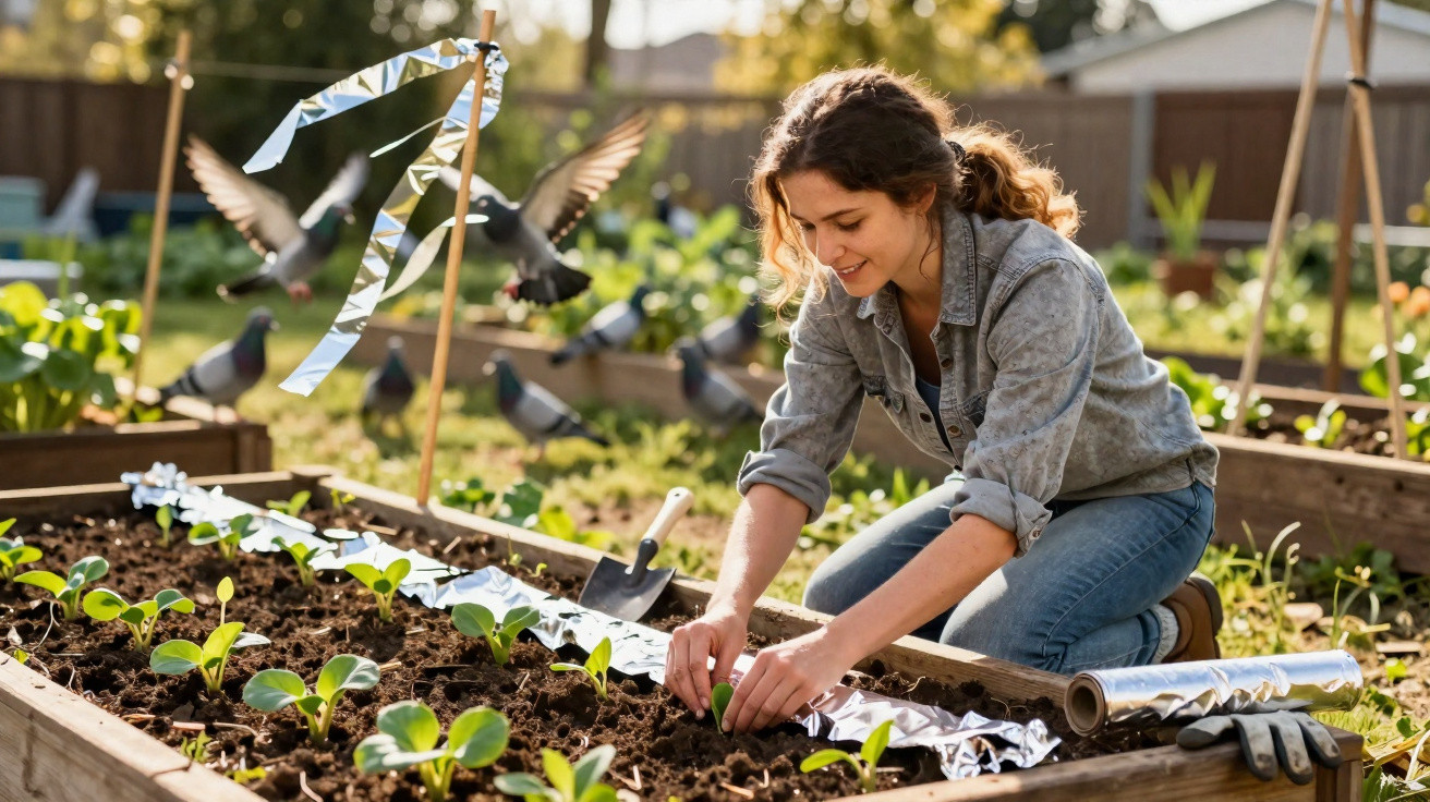 Mulher plantando mudas em canteiro elevado em horta ao ar livre em dia ensolarado.