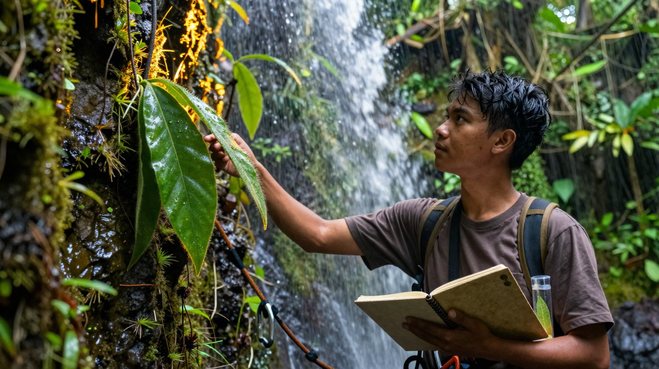 Jovem em floresta tropical segura caderno e observa folhas próximas a cachoeira.
