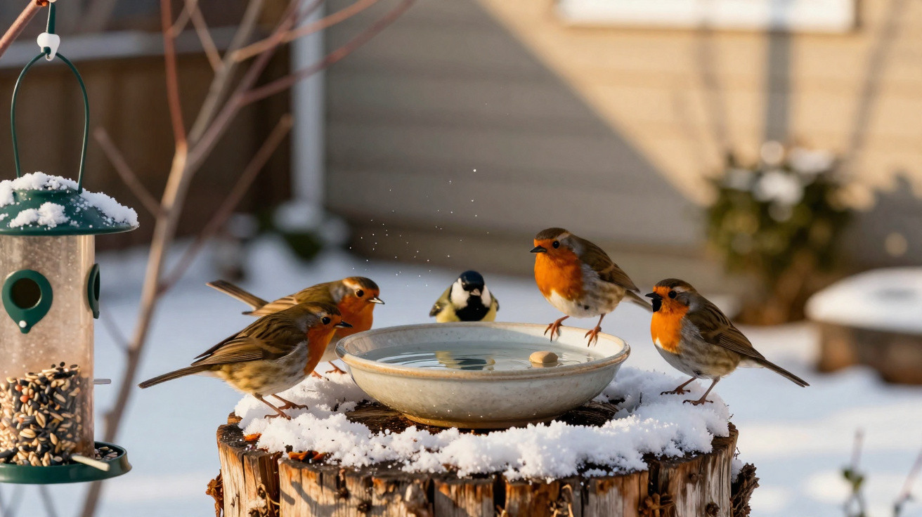 Pássaros com peito laranja bebendo água em um prato sobre um tronco coberto de neve no inverno.