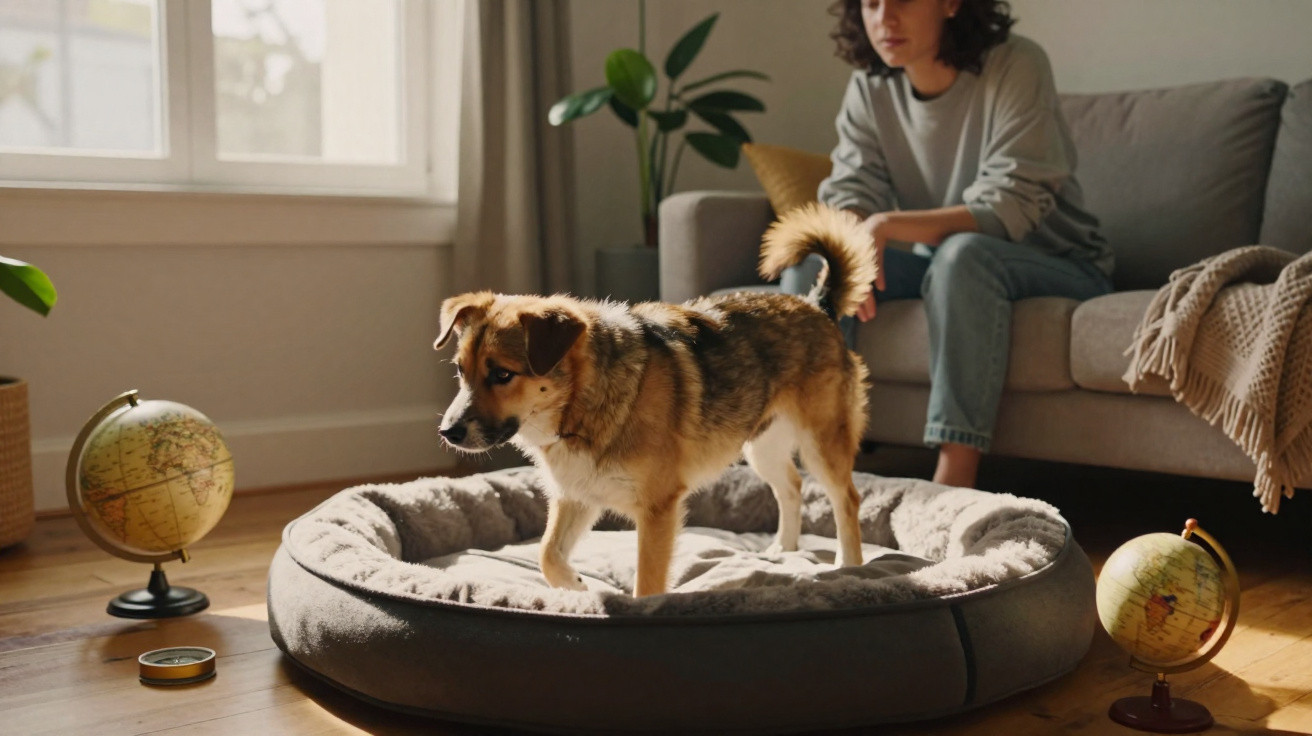 Cachorro em cama redonda cinza com pessoa sentada no sofá em sala iluminada pelo sol.