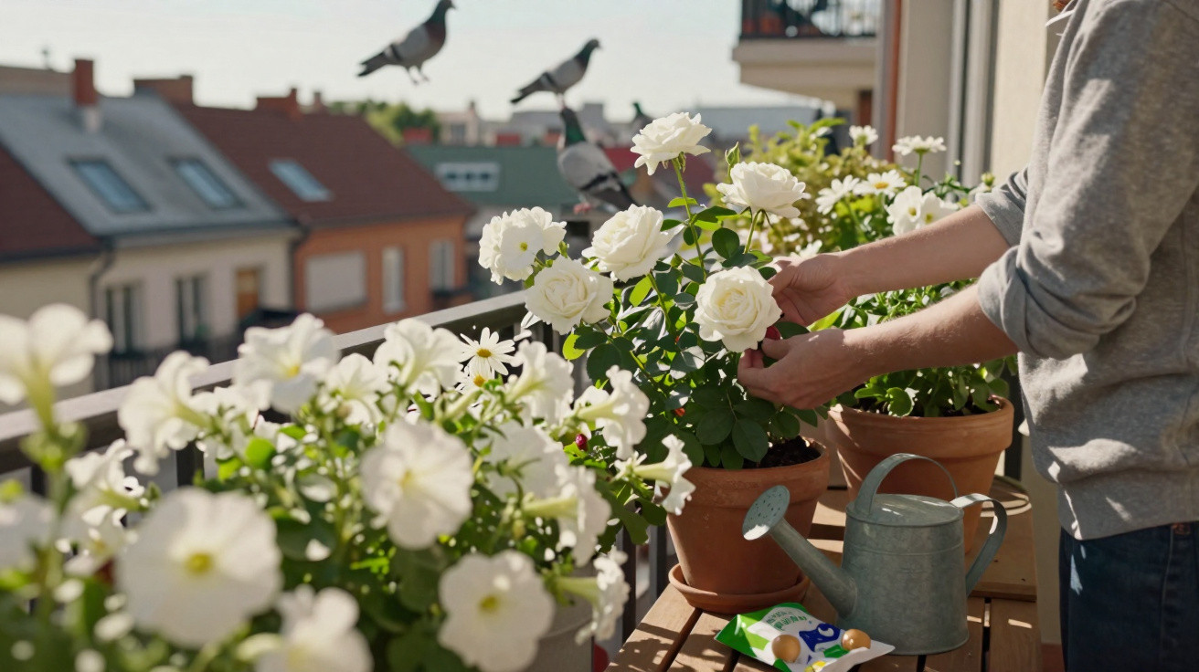 Pessoa cuidando de flores brancas em vasos no parapeito de varanda ensolarada com pássaros ao fundo.