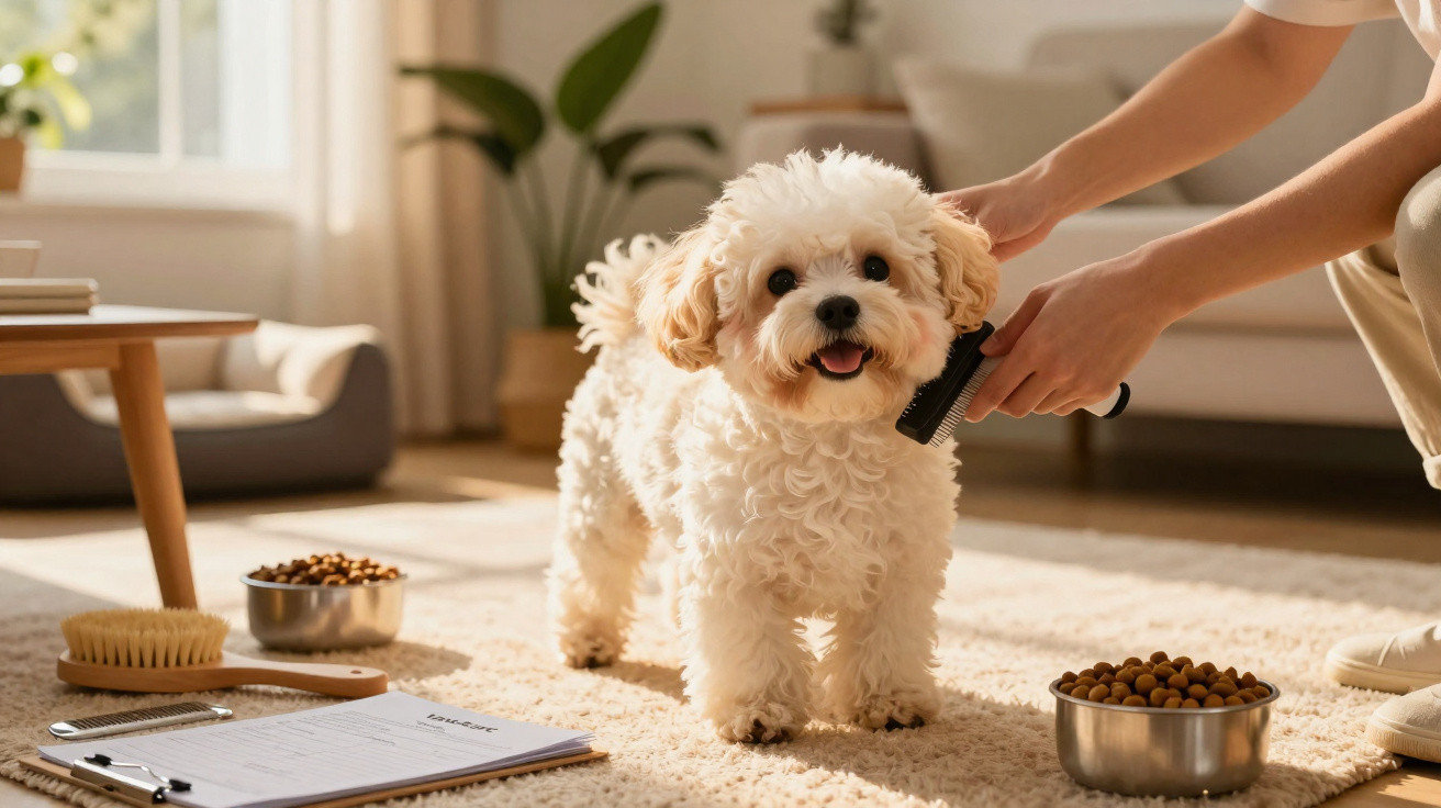 Cachorrinho branco sendo escovado em tapete com tigelas de ração e prancha de anotações ao lado.