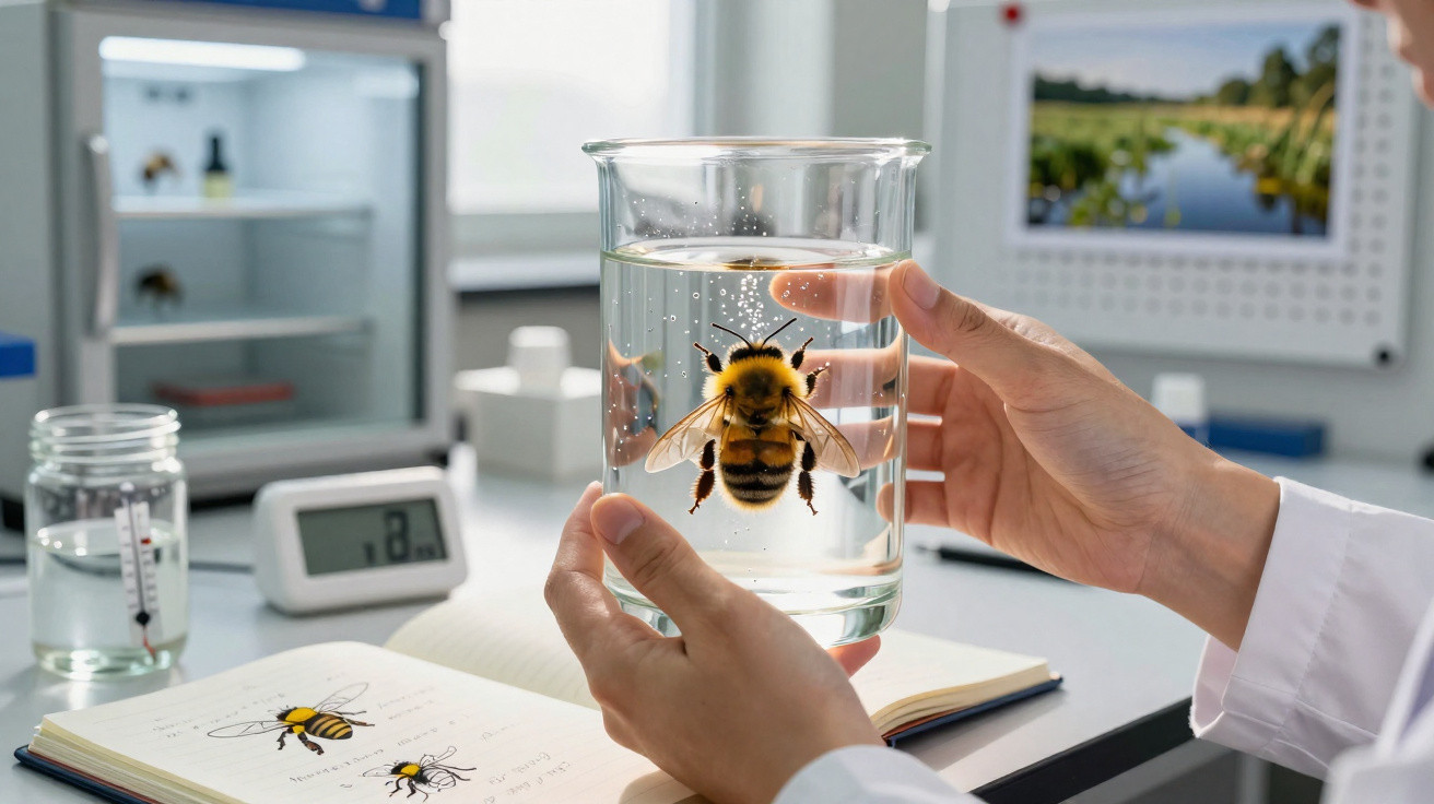 Mãos segurando copo com abelha debaixo d'água em laboratório com caderno e termômetro ao fundo.