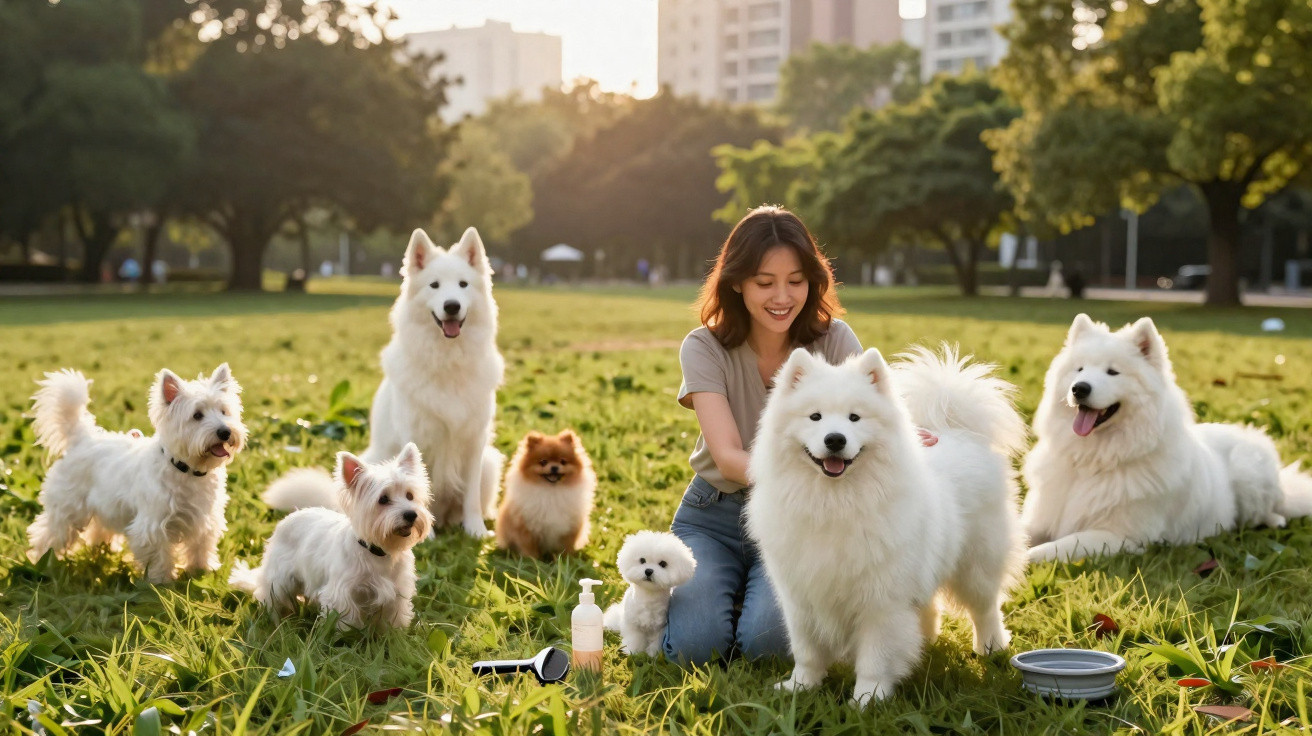Mulher sorrindo com sete cães de diferentes raças sentados e em pé na grama de parque ao pôr do sol.