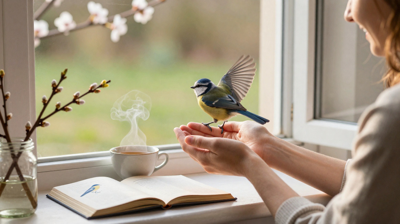 Pássaro pousando nas mãos de uma pessoa perto de livro aberto, xícara de café e flores na janela.