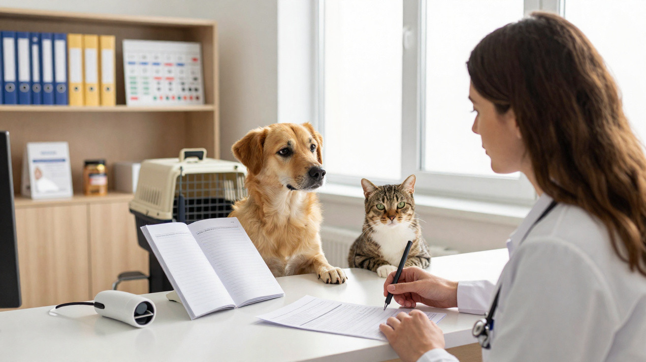 Veterinária escrevendo enquanto um cachorro e um gato aguardam na mesa em clínica veterinária.
