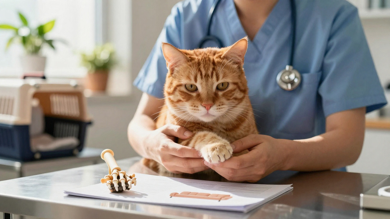 Veterinário segurando gato laranja em clínica, com modelo de pata óssea na mesa.
