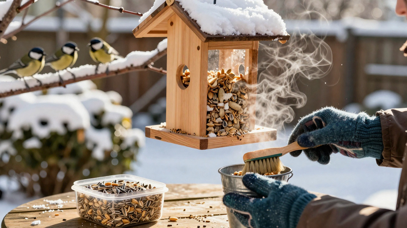 Pássaros se alimentam em comedouro de madeira com neve enquanto pessoa com luvas limpa utensílios na neve.