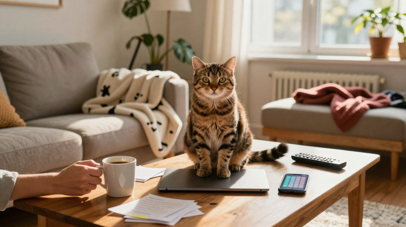 Gato rajado sentado sobre laptop em mesa de madeira, ao lado de celular, controle remoto e xícara de café.