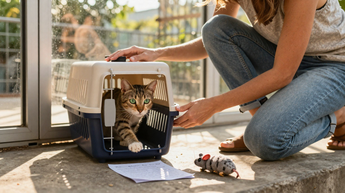 Gato saindo de caixa de transporte enquanto pessoa abre a porta em área ensolarada próximo a brinquedo ratinho.