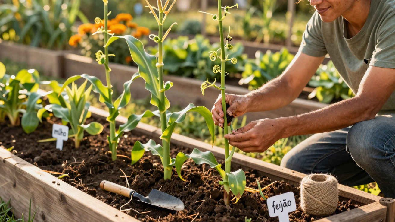 Pessoa cuidando de plantas de feijão e milho em canteiro de madeira em horta ensolarada.