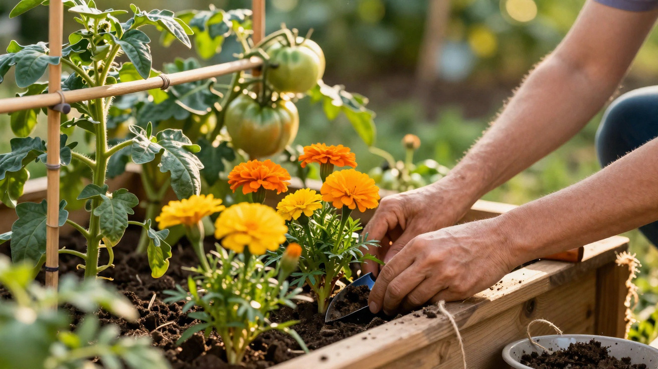 Pessoa plantando flores amarelas e laranjas em canteiro de madeira com tomates ao fundo.