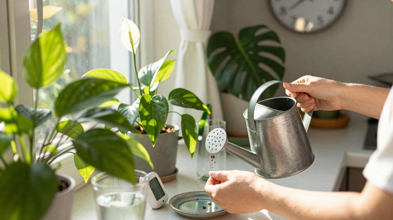 Pessoa regando plantas em vaso com regador metálico em peitoril de janela iluminado pelo sol.