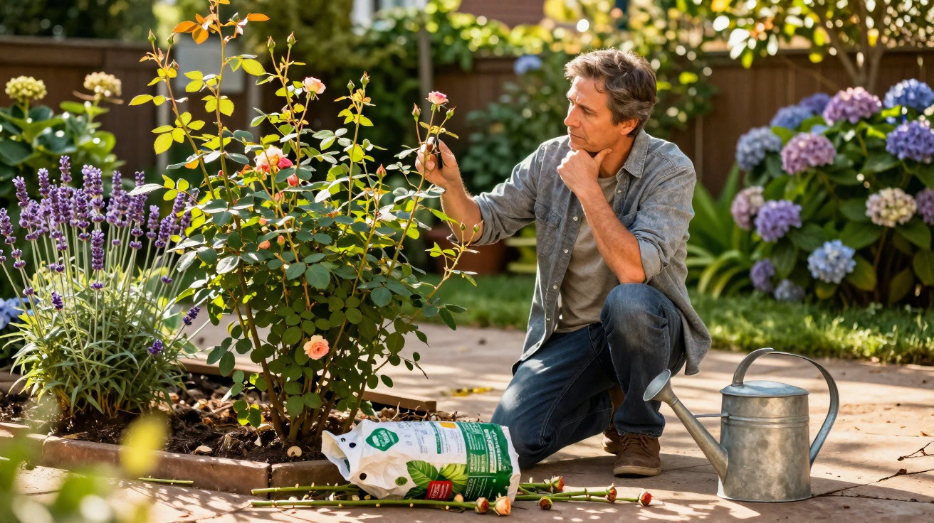 Homem cuidando de rosa em jardim com regador e sacos de adubo ao lado durante o dia.