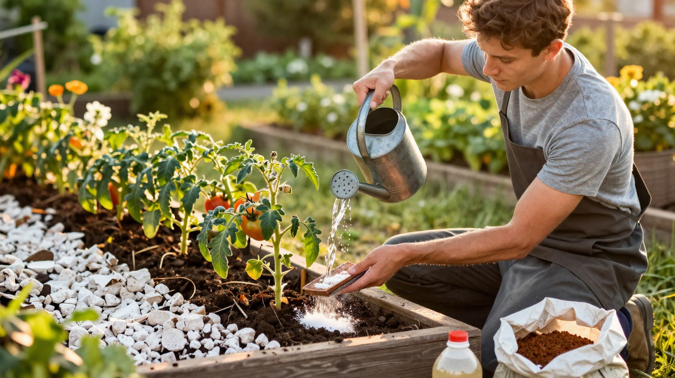 Homem regando e plantando sementes em canteiro de tomate em jardim ao ar livre.