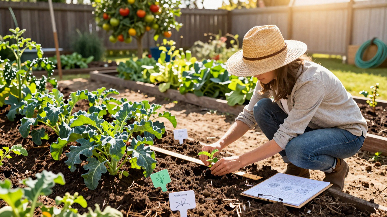 Mulher com chapéu plantando mudas em horta caseira ensolarada com várias plantas ao redor.