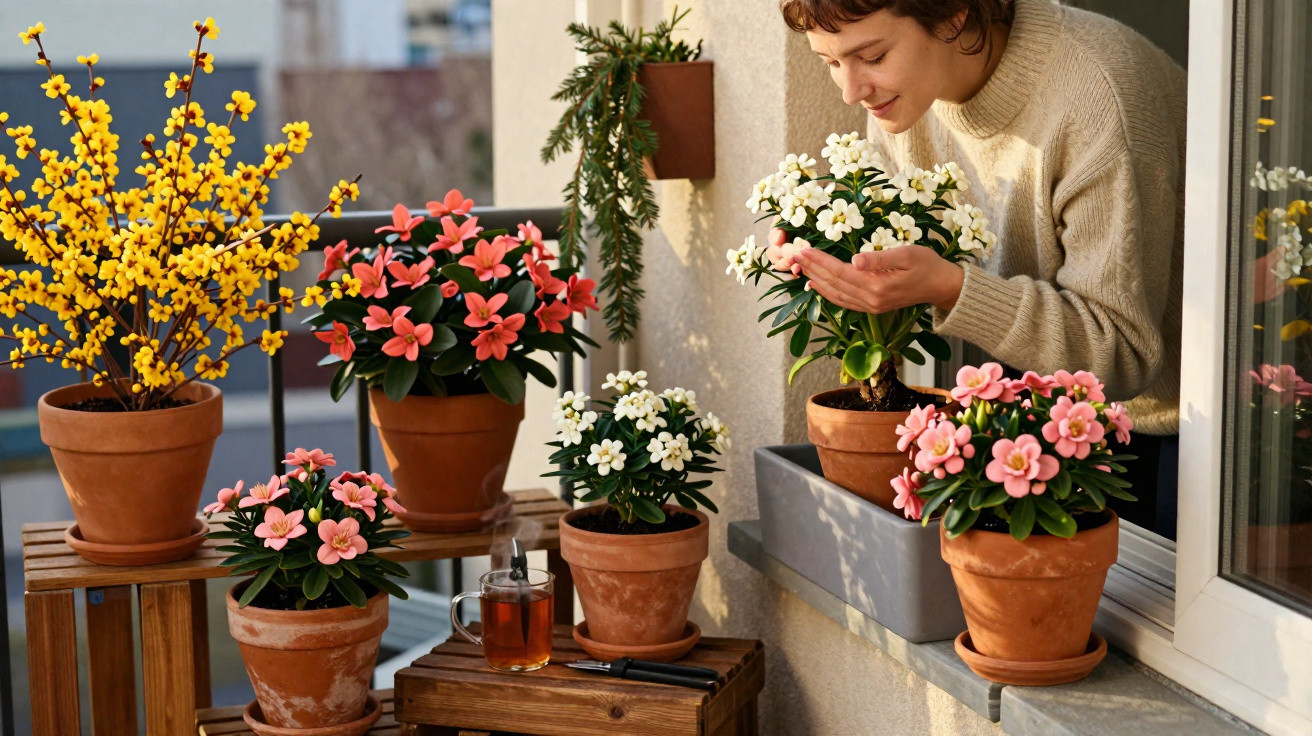 Mulher sorrindo cheira flores brancas em vasos de cerâmica em varanda com outras flores coloridas.