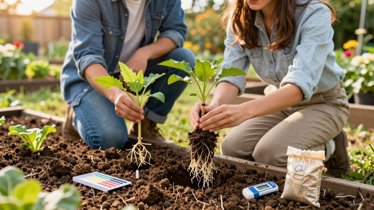 Duas pessoas plantando mudas em canteiro de horta com ferramentas e embalagem de adubo ao lado.