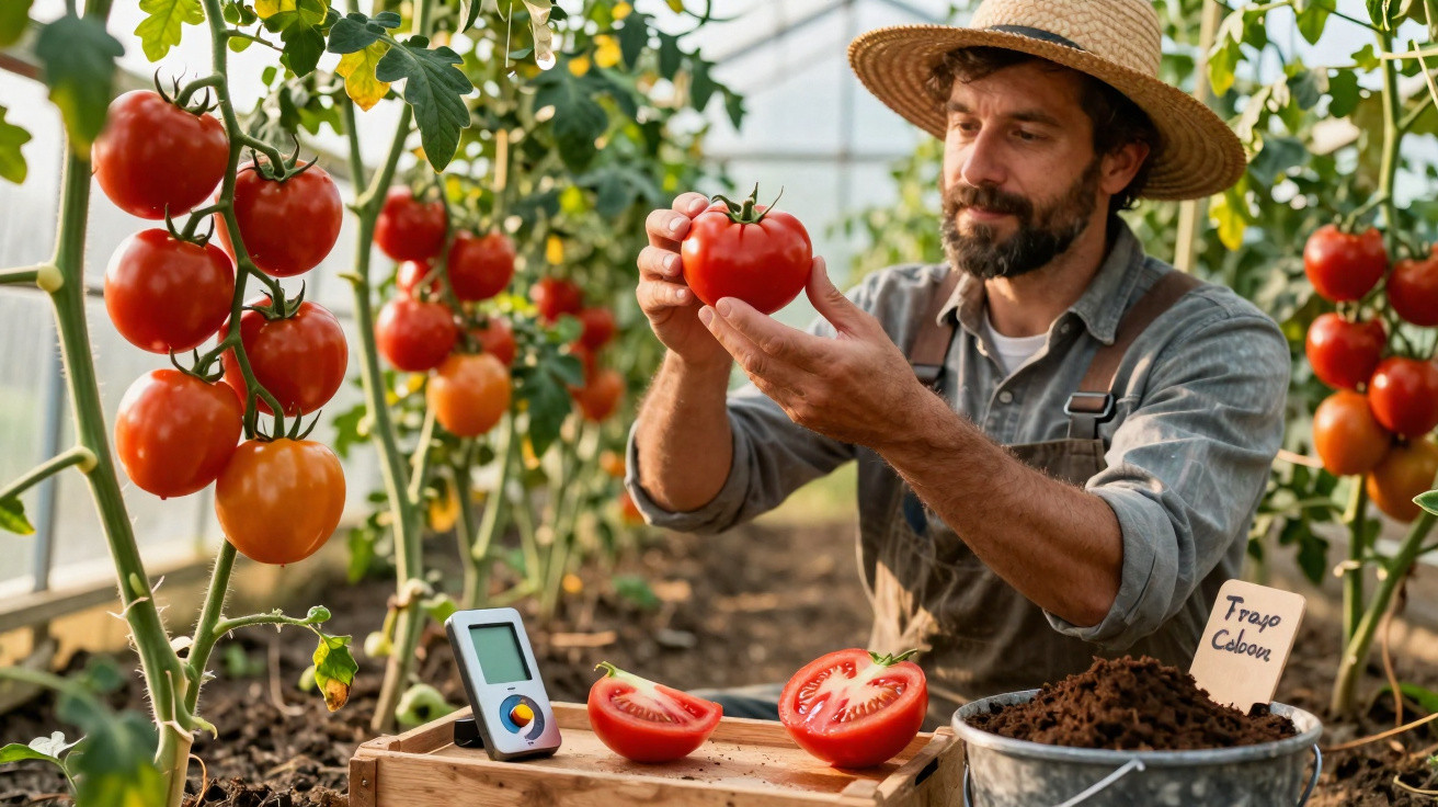 Homem em estufa colhendo tomates vermelhos maduros de planta cultivada em solo fértil.