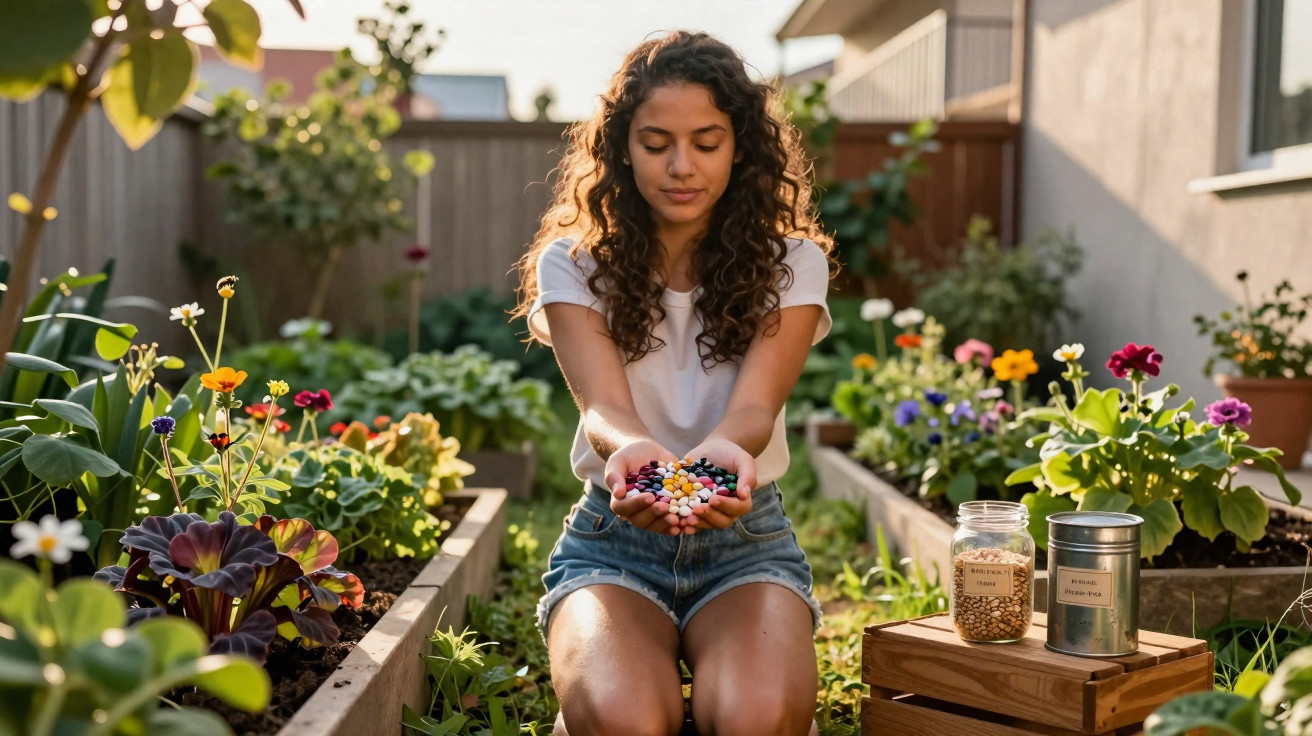 Mulher jovem sentada em jardim segurando sementes coloridas para plantar entre canteiros floridos.
