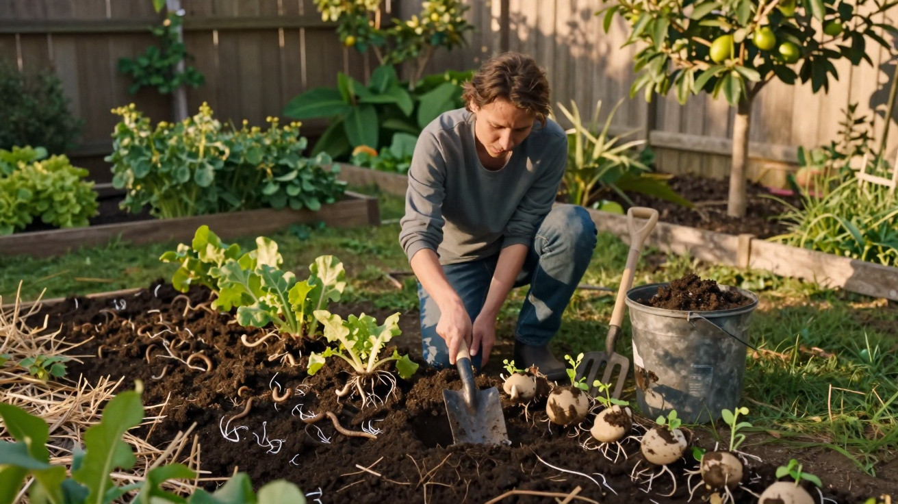 Pessoa plantando mudas em um canteiro de jardim com ferramentas e balde ao lado.