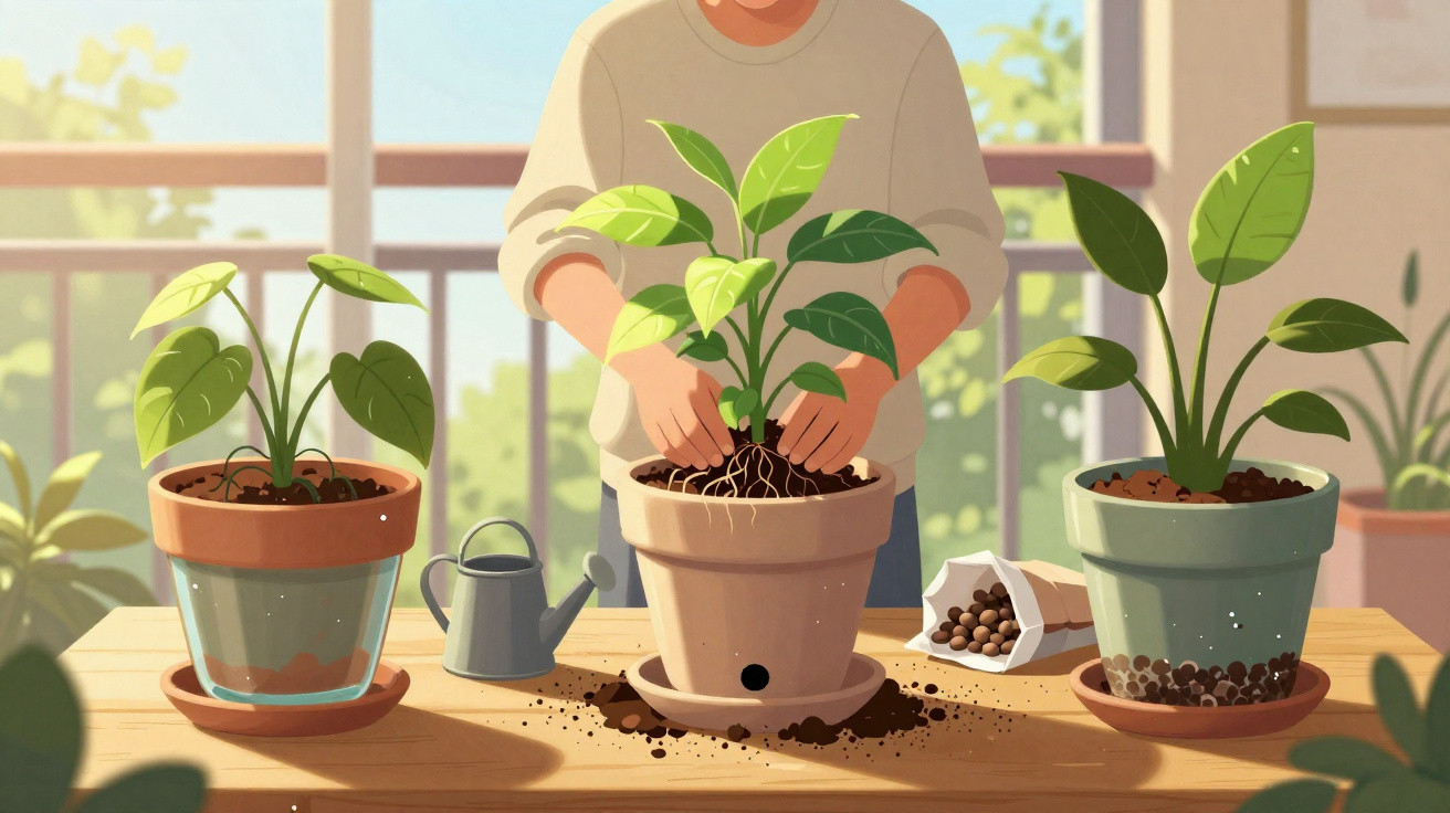 Pessoa transplantando planta em vaso, ao lado de regador e sacos de substrato em mesa de madeira.