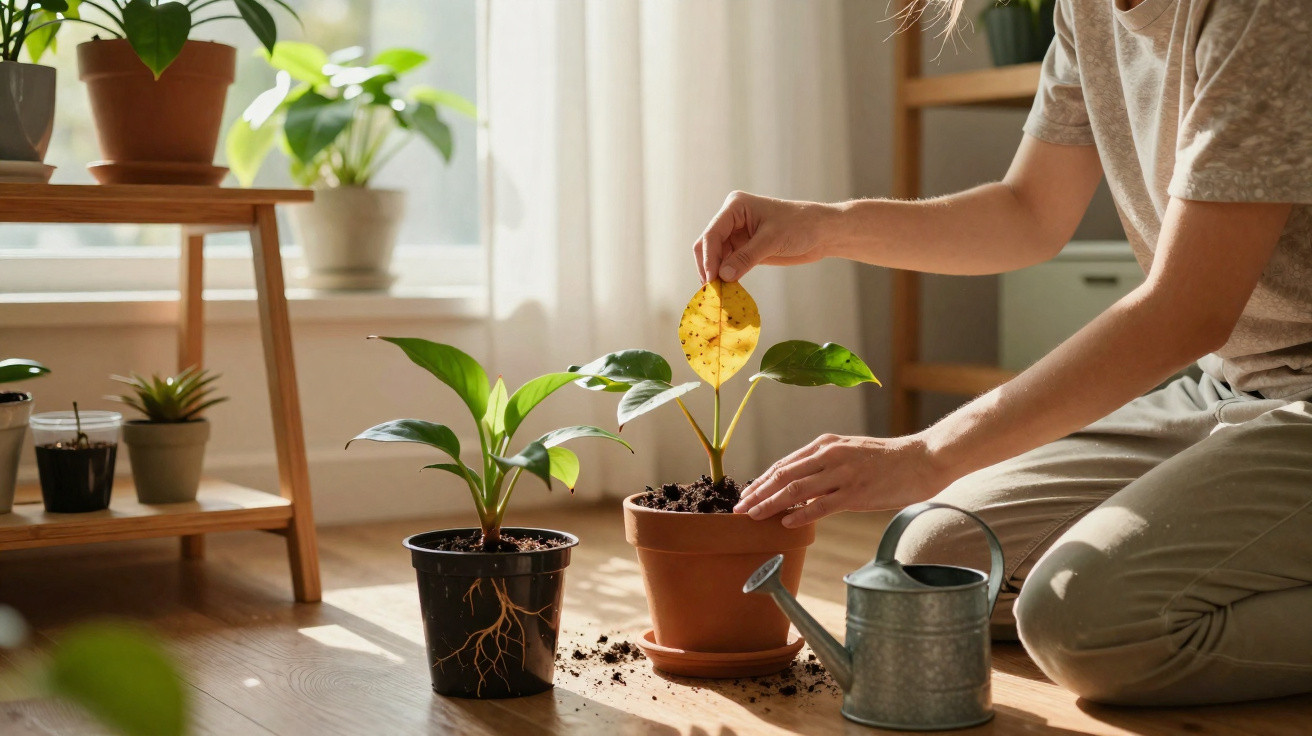 Pessoa cuidando de plantas em vasos, removendo folha amarela enquanto há regador ao lado no chão.