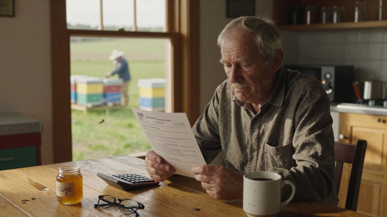 Idoso lendo documento sentado à mesa com jarra de mel, óculos, calculadora e caneca, campo com colmeias ao fundo.