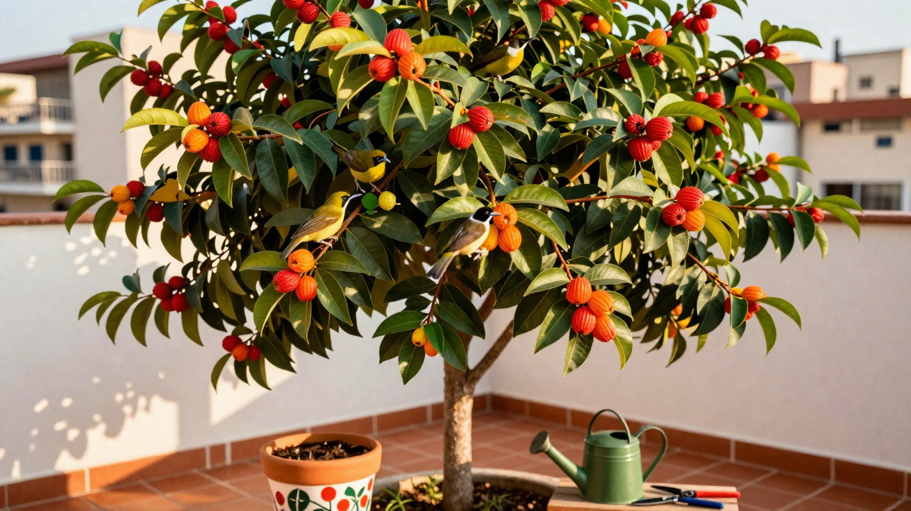Árvore com frutos laranja e pássaros em vaso no terraço com regador e tesoura ao lado.