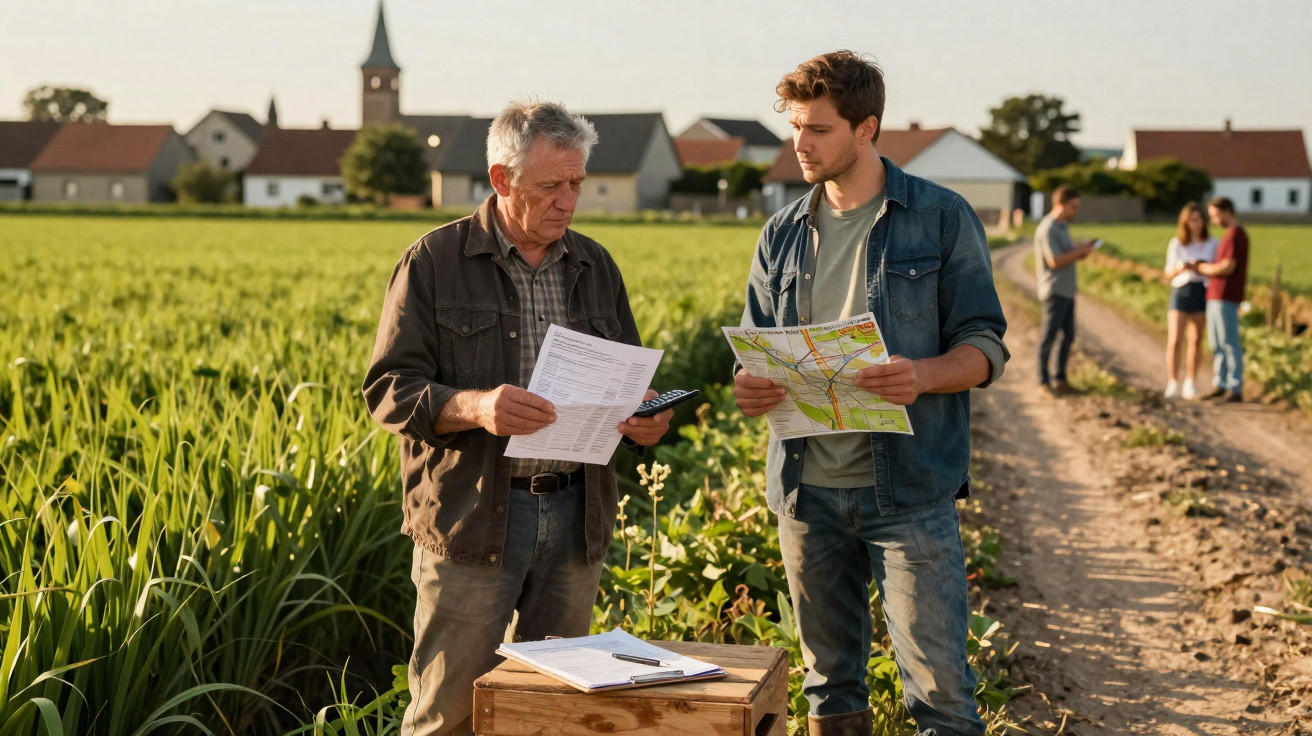 Dois homens analisam mapas e documentos em uma plantação, com três pessoas ao fundo em uma estrada rural.