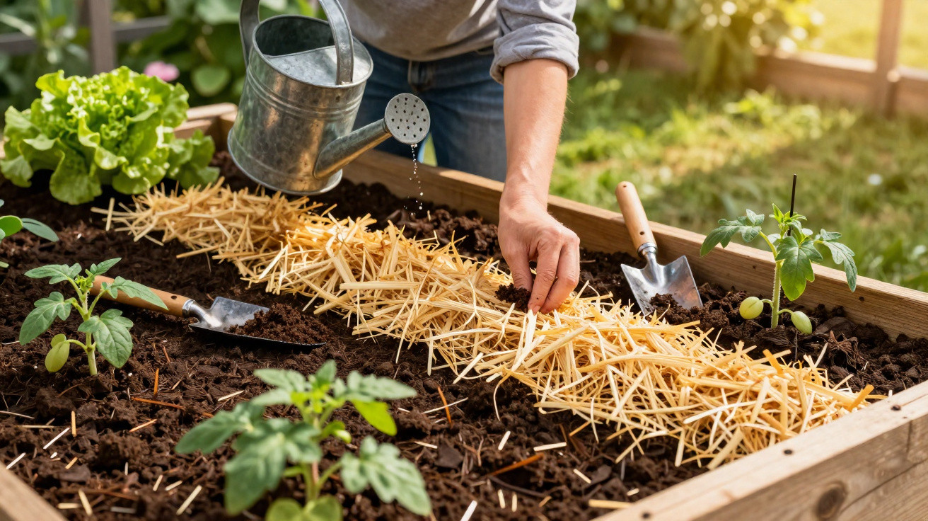 Pessoa regando e cobrindo plantio em canteiro elevado com palha para conservar terra e plantar mudas.