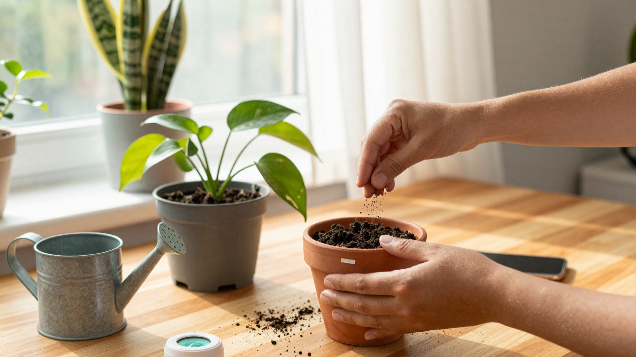 Mãos plantando sementes em vaso de barro com plantas e regador ao fundo sobre mesa de madeira.