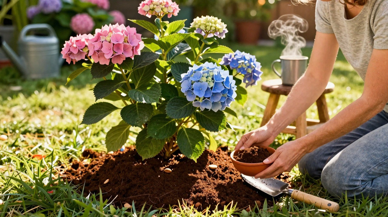Pessoa plantando flores coloridas de hortênsia em jardim ensolarado com regador e chá ao fundo.