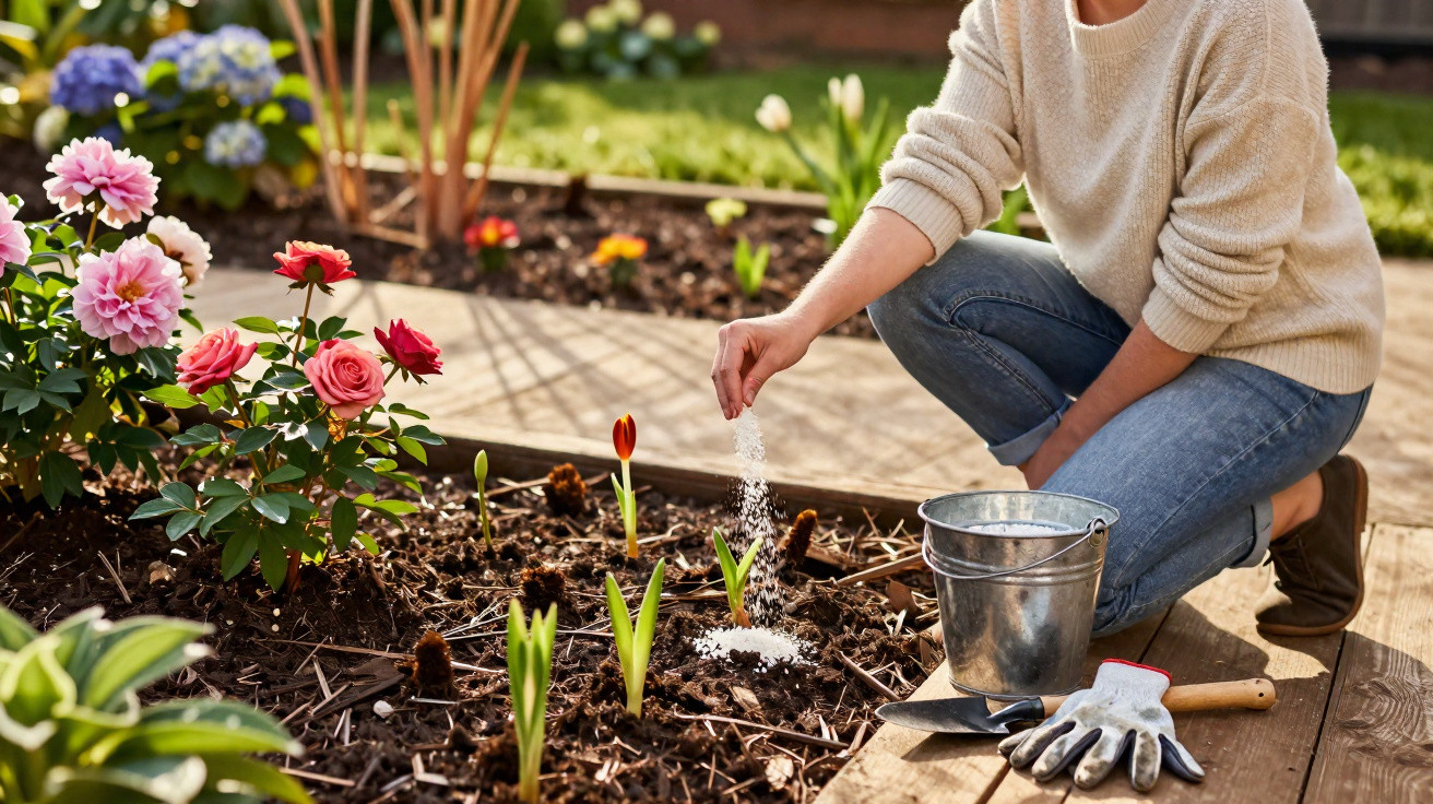 Pessoa aplicando fertilizante em mudas em canteiro de flores coloridas em jardim ensolarado.