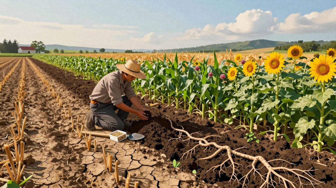 Homem com chapéu cultivando terra em plantação com girassóis e vegetação, céu azul e nuvens ao fundo.