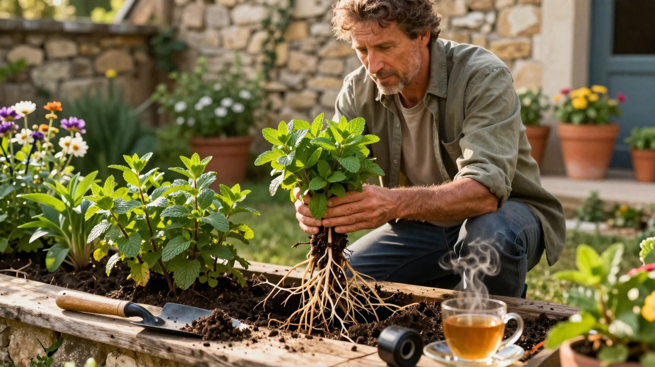 Homem cuidando de plantas em jardim, segurando mudas com raízes expostas em canteiro elevado.