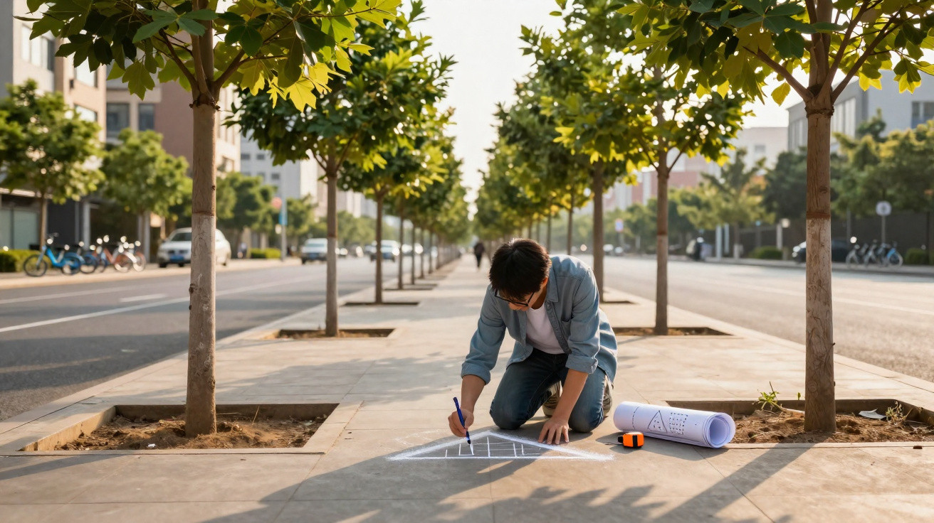 Jovem desenhando plantas arquitetônicas com giz no chão de calçada arborizada em área urbana.