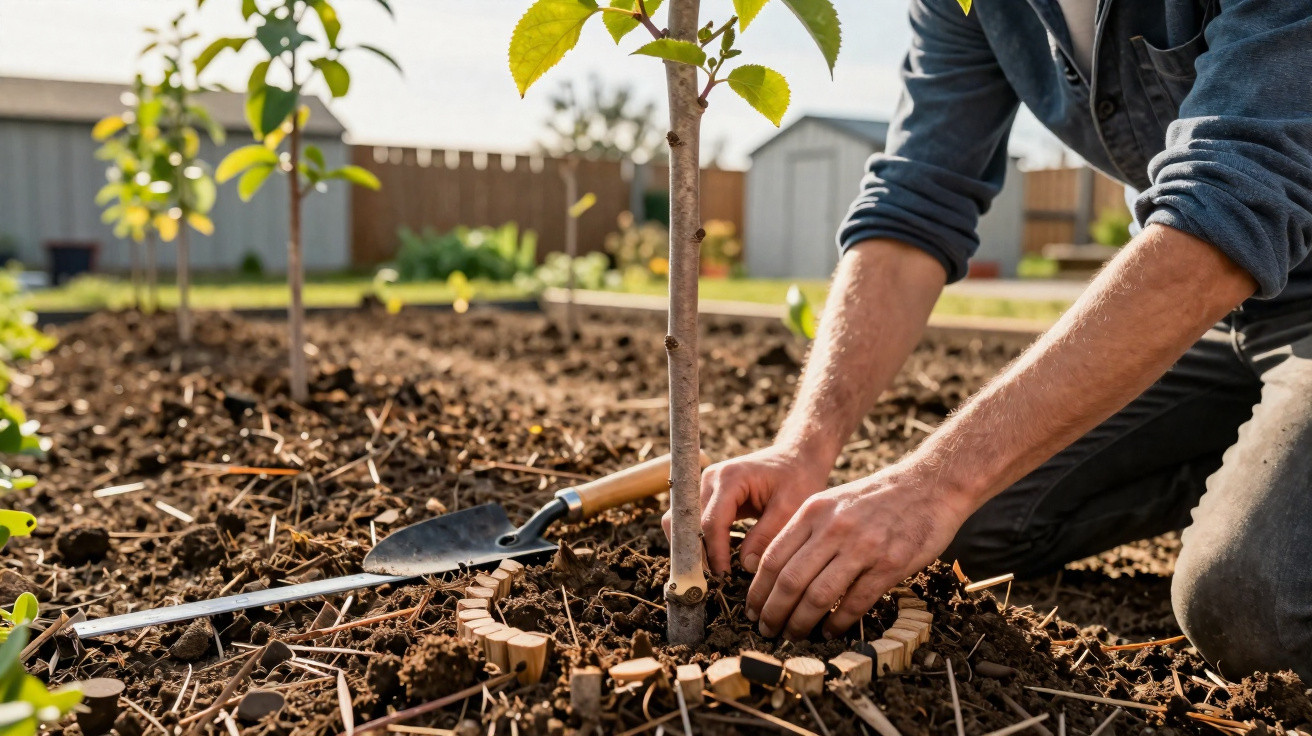 Pessoa plantando árvore em jardim com regador e ferramentas ao redor em dia ensolarado.