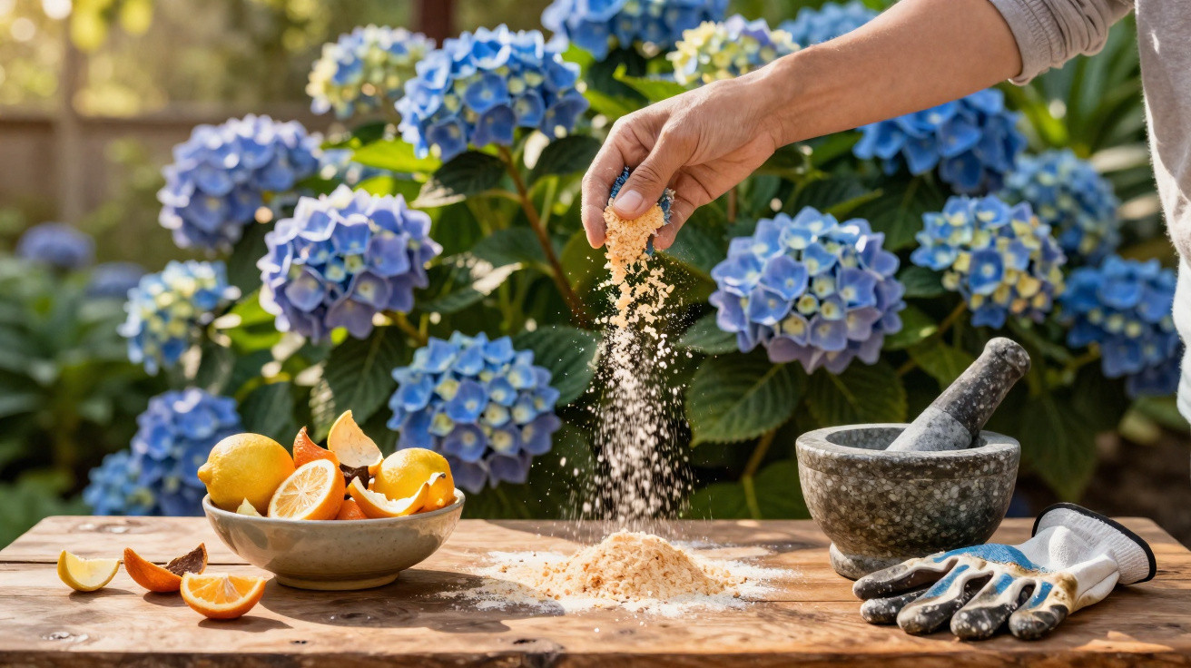 Mão espalhando adubo em pó sobre mesa com frutas, luvas e pilão, com hortênsias azuis ao fundo.
