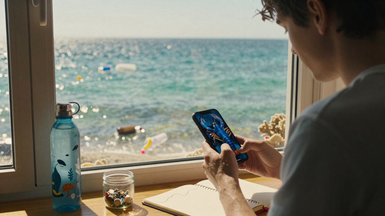 Pessoa usando celular perto da janela com vista para o mar e objetos sobre a mesa.
