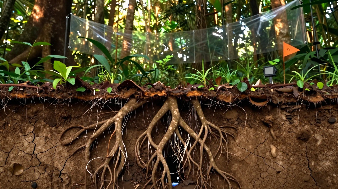 Raízes de plantas visíveis no solo com vegetação e bandeiras laranjas em área de floresta.