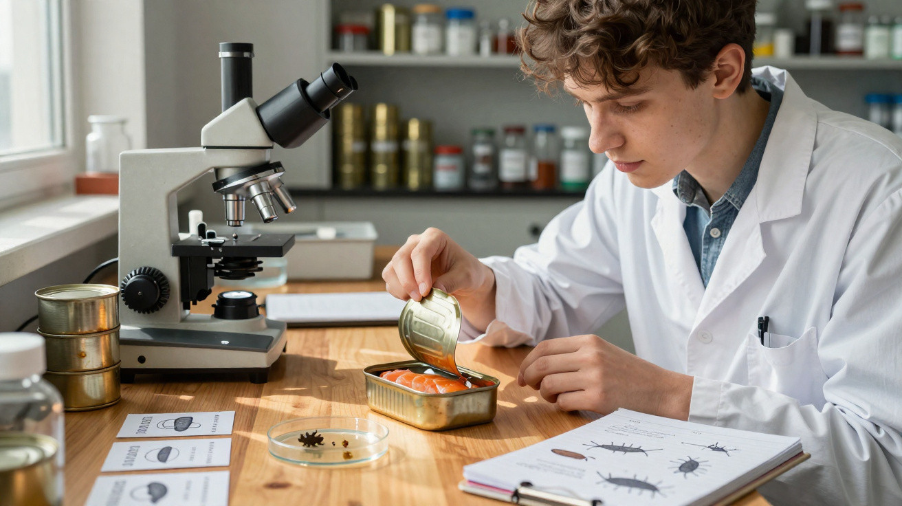 Jovem cientista em jaleco observa peixe em lata em bancada com microscópio e petri.